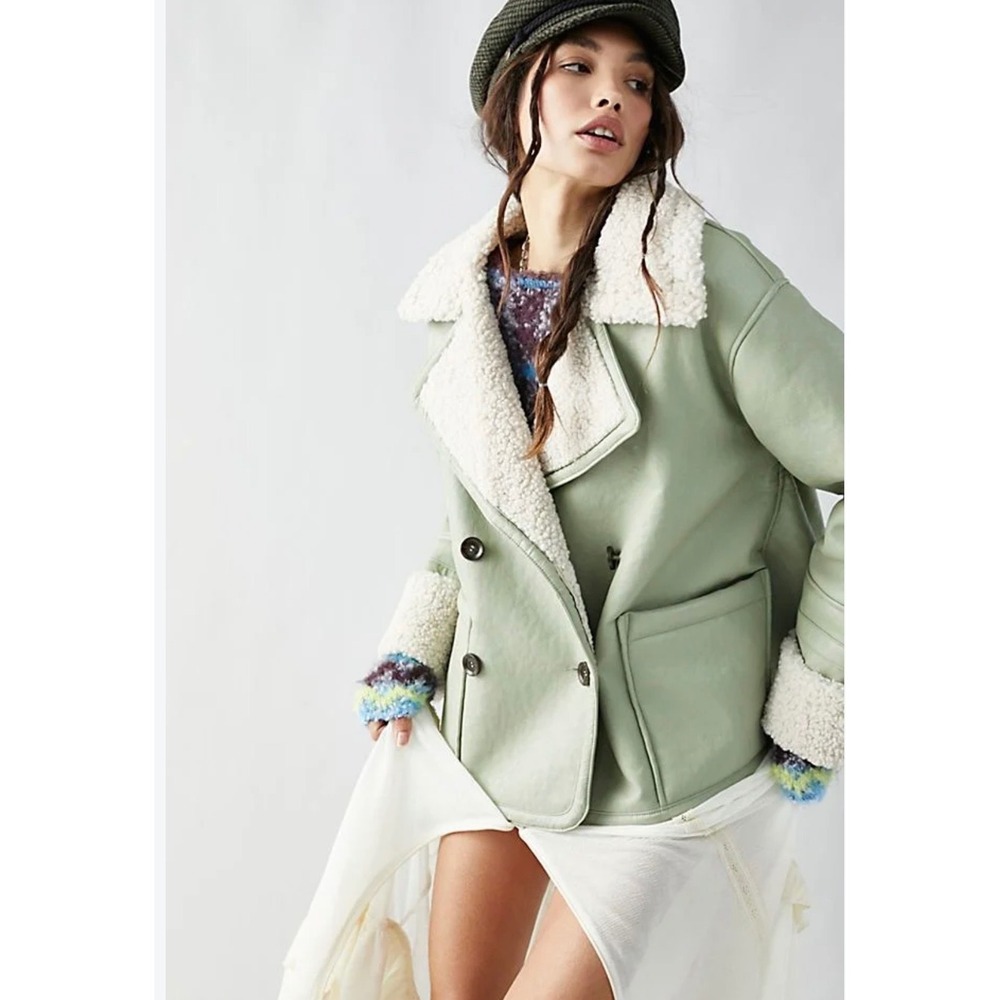 Free People We The Free Kaya Vegan Bonded Pea Coat Sage Green Med Faux Fur